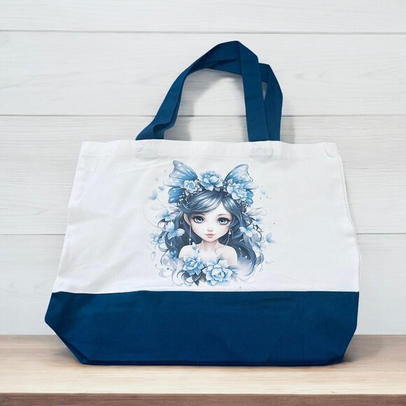 Large  Blue & White Butterfly Girl Canvas Tote  - New - Picture 1 of 4